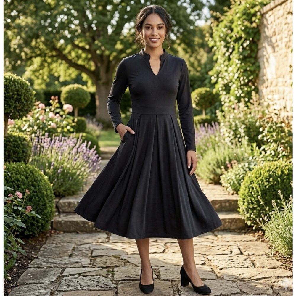 NMODER Black 3/4 Sleeve Fit & Flare L Dress Pockets High Neck Stretch Bus/travel